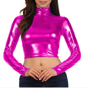 Mulheres Manga Longa T-shirt Turtleneck PU Couro T-shirt das Mulheres Pu couro PVC Couro Tops Brilhante Metálico Sexy Dancing Traje