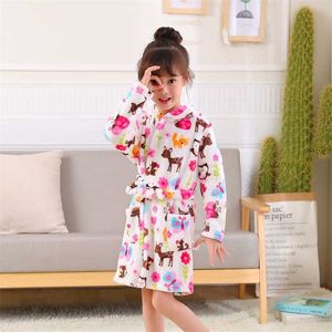 Cartoon Print Children Boys Robes Flannel Long Sleeve Hooded Girls Bath Spring Autumn Gown Cute Baby 211109