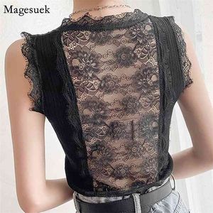 Sexy Hollow Out Lace Powrót Dzianiny Tank Topy Kobiety Bez Rękawów Lato Kobiet Kamizelka Solidna V Neck Ice Silk Top Femme 13600 210512