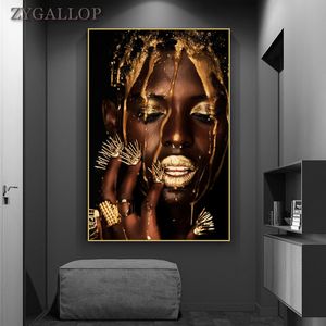 Черно-золотое африканское искусство женщина плакат печати современный дом декор холст живопись черные женщины настенные фотографии для гостиной росписью
