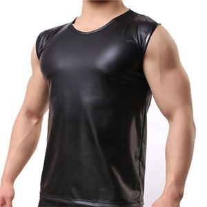 Män sexig faux läder tank topp ärmlös västunderkläder undershirt man skjorta svart prestanda kostym mode solida toppar 210623