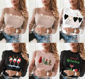 Autumn Patchwork Beaded Sheer Mesh Blouse Sexy O Neck Hollow Out Women Shirt Blusa Elegant Ruffle Puff Long Sleeve Tops Pullover S0806