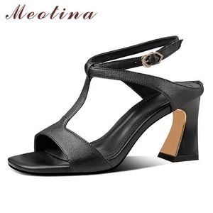 Meotina Ankle Strap Natural Genuine Leather Sandals Square Toe T-tied Women Shoes Buckle Thick High Heels Sandals Female Summer 210608