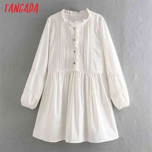 Tangada Spring女性レースパッチワークホワイトコットンドレスフリル長袖レディースルーズミニVestidos CE 210623