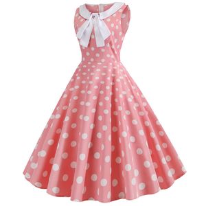 Plus Size Polka Dot Vintage Dress Kobiety Różowe Rockabilly Biurowe Dresses Casual Collar Bow Sundress Vestidos