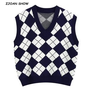 90. Błękitny Biały Argyle Plaid Sweter Dzianiny Kamizelka Preppy Styl Koreański Odzież Cool Girl V Neck Bez Rękawów Jumper Y2K Knitwear 210429