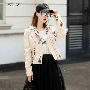 Women Faux Soft Leather Jacket Embroidery Pu Motorcycle Black Punk Coat Rivet Zipper Female Outerwear 210430