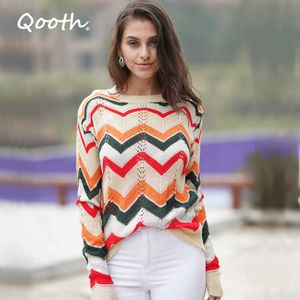 Qooth solto jumper mulheres crochê top knitwear listra manga longa pulôver oco out bleers qt341 210609