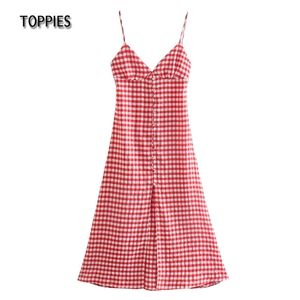 Röd plaid bomull maxi klänning sexig sundress sommar kvinna tillbaka bandage en linje front split 210421