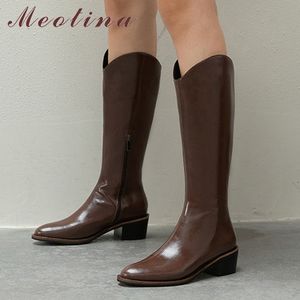 Western Boots Women Shoes Real Leather High Heel Long Thick Heels Zipper Knee Autumn Winter Black 33-40 210517
