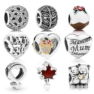 Memnon Jewelry 925 Sterling Silver Symbol Symbol Charm Maple Hoja de esmalte Charms Shimmering Encaje Beads Madres de The World Heart Bead Fit Pandora Estilo Pulseras DIY