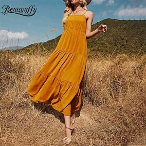 Kvinnor sommar cami smock klänning lös justerbar spaghetti band ärmlös kvinnlig fast casual maxi lång 210510