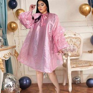 See Through Midi Dresses for Women Party Plus Size Loose Pink Transparent Summer Casual Robe African Gowns Drop Fashion 210527