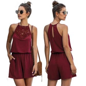 Mulheres Lace Patchwork Playsuit Sexy Halter Hollow Out Backless Wide Leg Bumpsuit Sólido Romper Summer Algodão Macacão Curto Senhoras 210507