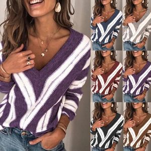 Oufisun Autumn Winter Women Pullover Sweatshirt Fashion V-neck Striped Loose Casual Knitted Tops Lady Plus Size Sweatshirts 210517