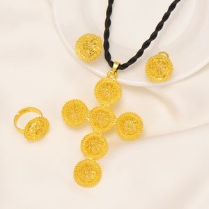 9 K Thai Baht G / F Amarelo Sólido Fino Ouro Jóias Conjuntos Brincos de Colar Feminino anel Anel Cruz de Grande Escala Noiva de Casamento Pingente