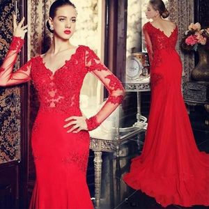 Red Long Sleeves Evening Kleider Chiffon Perlen Spitzen Applikation 2022 V Hals Rücken Mitte MAD MAD PARTY Kleid Formal OCN Wear Mermaid Vestidos de Novia 403 403