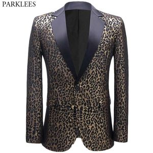Сексуальный леопардовый костюм куртка мужская мода отворота одна кнопка роскошные платья пиджаки мужские свадебные вечеринки певец сценический костюм homme 210522