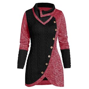Women Overlap Collar Long Sleeve Button Solid Color Patchwork Irregular Knitted Sweater Autumn Winter All Match Top Pullover Women's Sweater