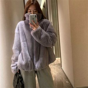 Rex rabbit fur autumn and winter jacket women Korean version ins loose stand collar fashion furry coat lazy warm zipper jackets 211220