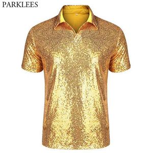 Men's Relaxed Short Sleeve Turndown Sparkle Sequins Polo Shirts 70s Disco Nightclub Party T-Shirts Top Tees Camisetas Hombre 2XL 210522