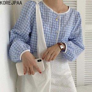 Korejpaa Women Shirt Summer Korean Chic Girl Gentle Loose Single-Breasted Button Cream Plaid Round Neck Contrasting Blouses 210526
