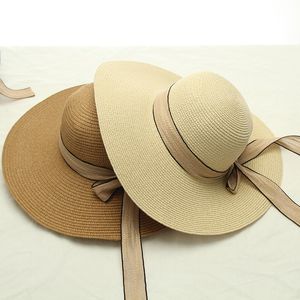 夏の女性ボウノット麦わら帽子屋外ビーチ日焼け止めキャップ旅行休暇の通気性キャップ