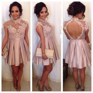 2022 Short Lace Party Dresses High Neck Mini Cap Sleeve Prom Cocktail Dress Graduation Homecoming Queen Dress Gowns
