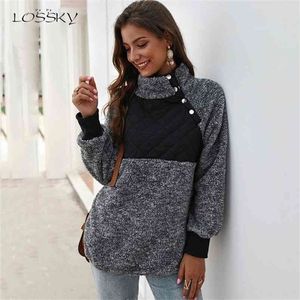 Losssky Sweatshirt Långärmad Patchwork Färg Fahsion Höst Vinter Pullover Svart Ladies Plush Warm Toppar Kläder 210729