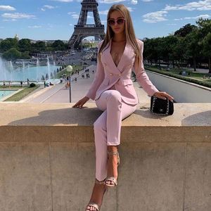 Kvinnors kostymer Blazers Office Ladies Pantsuit Röd Rosa Business Classic Double-Breasted Knappar Nio Blazer Byxor Set Två Piece Formal