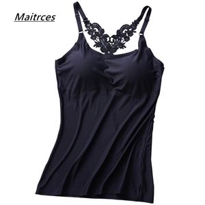 Camis Summer Sexy embroidered Backless Women Tank Tops Sexy Slim Lady Built In Bra Self Mold Bra Tops Strap Camisole TX060 210623