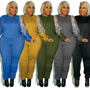 Plus Size Fall Clothing XL-5XL 2 Piece Set Women Tassel Sweatsuits Stretch Solid Jogger Outfit TrackSuit Wholesale Dropshipping x0428