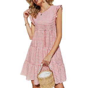 2021 Sommarklänning Kvinnor Plaid Ruffles Ärmlös Klänningar Casual Round Neck Kvinna Beach Party Loose A-Line Midi Dress Y1006