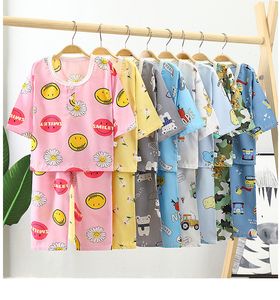 Summer Kids Cute PaJamas Zestaw bawełniany poplin cienki karton unisex sleepwear dziewczęta leżak z piżamą chłopiec krótki top+ spodnie