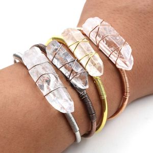 Wire Wrap Raw Mineral Crystal Stone Bangles Natural Stone Clear Quartz Bangles Bracelets Open Cuff Copper Bangles Female Jewelry Q0719