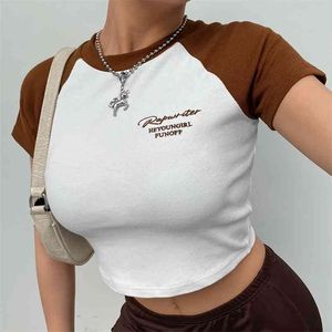 Brown Broder Broderi Y2K Crop Top Kvinnor Sommar Harajuku O-Neck T-shirts för tjejer med kortärmad bomull Tee Kvinna 210510