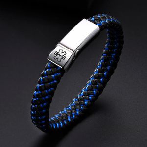 Link, bracelete dos homens livres da cadeia, bracelete azul preto do couro do weave para a fivela de aço inoxidável