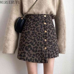 Werueruyu höst vinter leopard kjol hög midja kvinnor kjolar elegant kvinnlig midi penna kjol 210608