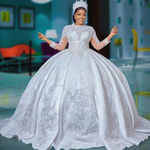 2022 Plus Size Arabic Aso Ebi Luxurious Lace Beaded Wedding Dress Crew Long Sleeves Sexy Bridal Gowns Dresses ZJ264