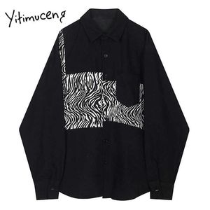 Yitimuceng Patchwork Button Blus Kvinnor SHIRTS Spring Fashion Koreansk Långärmad Stativ Krage Street Style Casual Toppar 210601