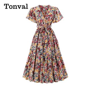 Tonval Colorful Floral Print V Neck Wrap Elegant Party Women Long Dress Flare Sleeve High Waist Belted Vintage Dresses X0521