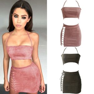 Women Solid Sleeveless Pink Army Green Dress Blackless Bodycon Two Piece Halter Lace Up Dresses Summer Sexy Party