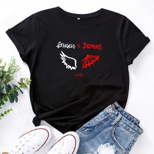 Angels&demons Jxdn Tshirt Women Cotton Short Sleeve O-neck T Shirt for Women Black White Letters Personalized T-shirt Women 210527