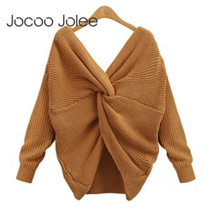 Jocoo Jolee Herbst V-ausschnitt Twisted Back Pullover Mode Gestrickte Pull Pullover Casual Pullover Tops Femme Jumper 7 Farben 210518