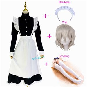 Women Men Crossdresser Sissy Maid Outfit Long Black White Apron Dress Housekeeper Uniform Anime Halloween Cosplay Costume Wig Y0903