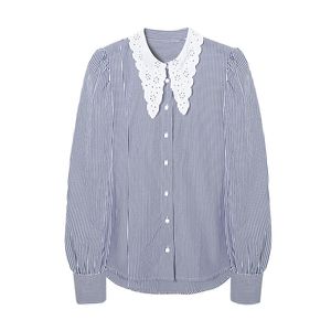 Blsqr Moda Hollow Out Loose Luźne Bluzki Kobiety Vintage Z Długim Rękawem Button-Up Koszulki Blusas Chic Stripe Topy 210430