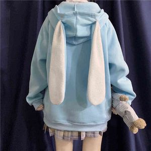 Houzhou Koreansk stil Kvinnor Hoodies Spring Fashion Kawaii Rabbit Ears Sweatshirt Långärmad Lös broderi Zip Up Hoodie 211108