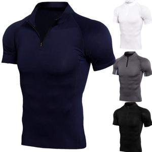 Moda Correndo Camisa Homens Bodybuilding Esporte T-shirt Quick Seco Zipper Cor Sólida Manga Curta Fitness Tight Gym Roupas