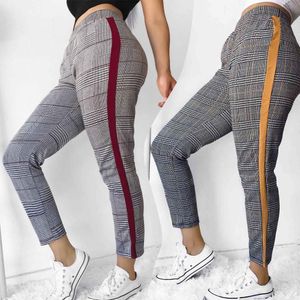 Skinny Xadrez Lápis Long Calças Lado Retalhamento Stripe Streetwear Casual Cintura Elástica Esporte Calças Cropped Calças Slim Sweatpant Femme 210507