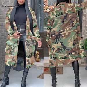 Jesień 2021 Damska Trench Coat Camo Długie Kobiece Armygreen Drukuj Outwear Odzież Kobieta Rękaw Abrigo Mujer Płaszcze